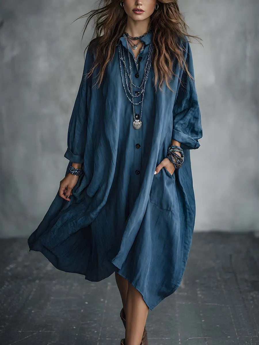 Oversized Long-sleeve Button-down CollarMidi Dress