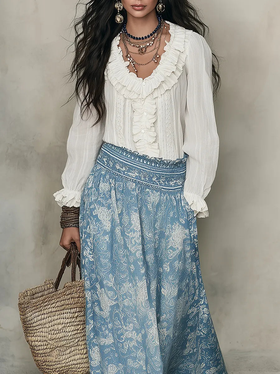 Bohemian-Style White Ruffled Shirt And Blue Jacquard Midi Skirt