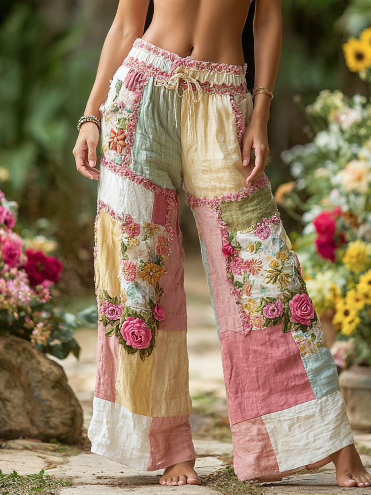 Women's Patchwork Rose Floral Contrast Waist Elastic Pocket Pants