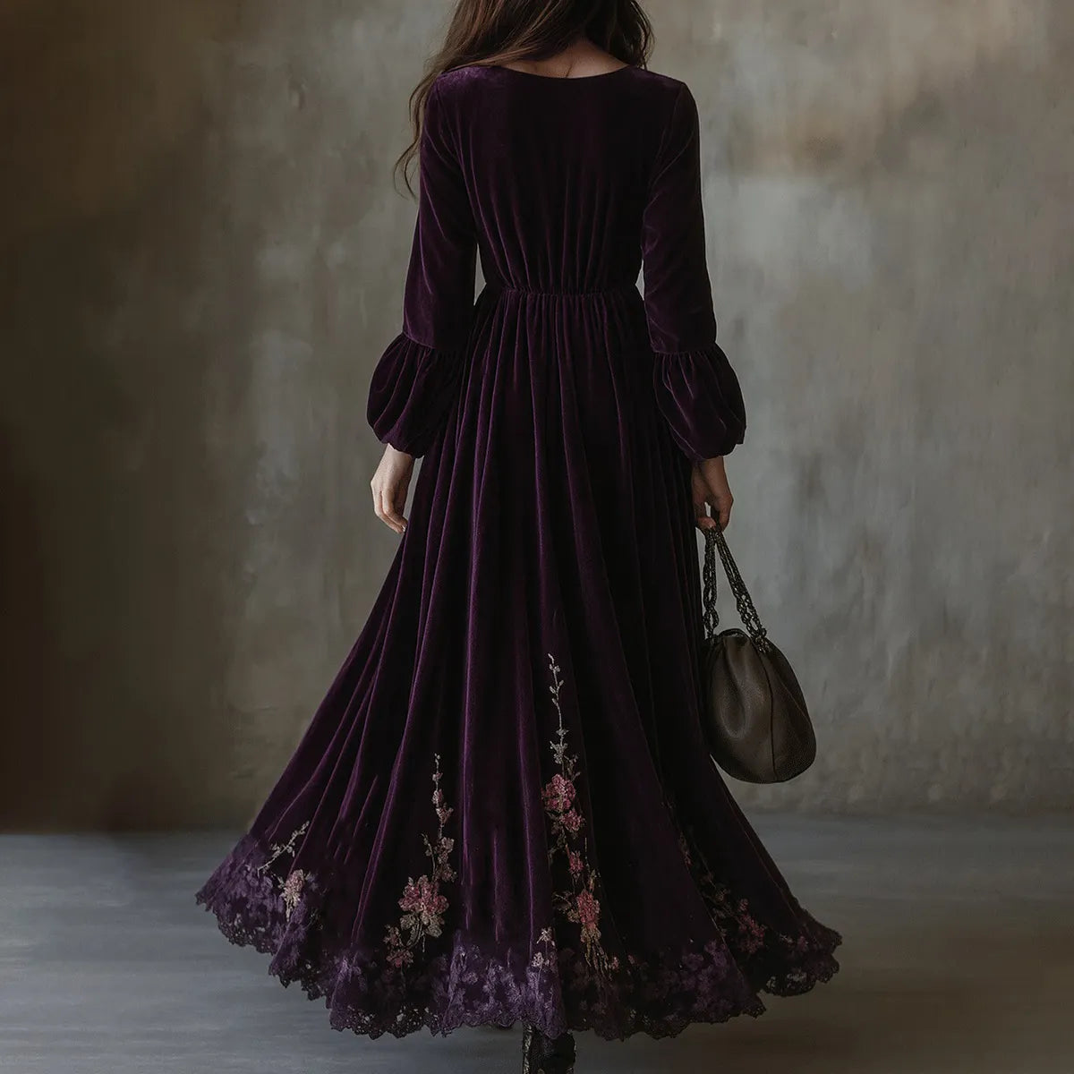 Vintage Floral Embroidered Velvet Maxi Dress