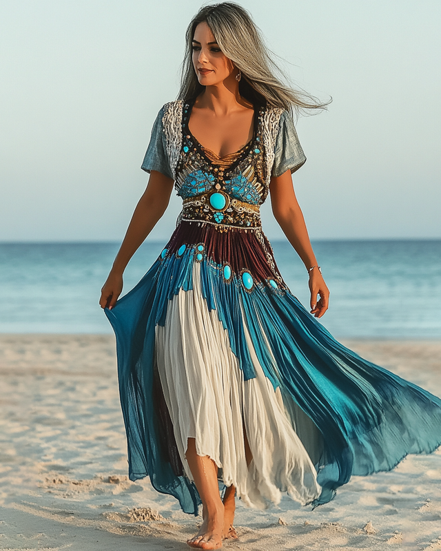 Summer Vacation Seaside Turquoise Beaded Linen Dress 7f6c