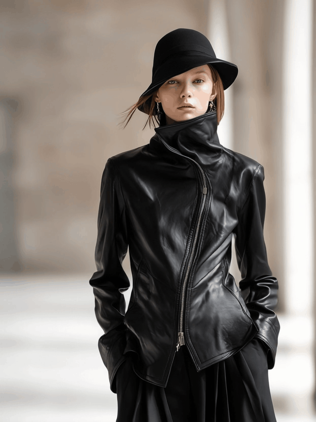 Personality And Fashion High Collar Oblique Zipper Black PU Jacket