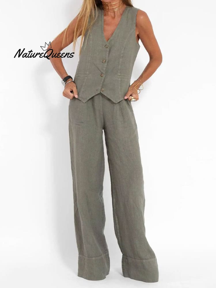 Women's Fashion Solid Color Vest Trousers Collage Stitching Cotton and Linen Casual Suit