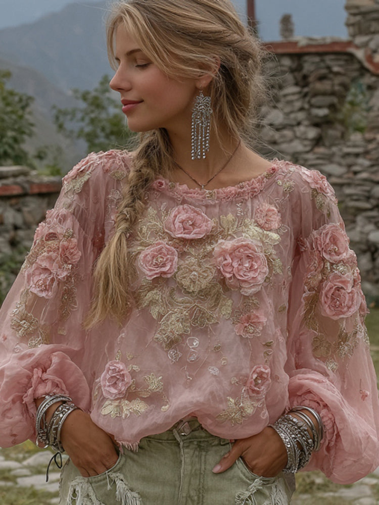 Elegant Boho Pink Roses Embroidered Cozy Linen Tunic
