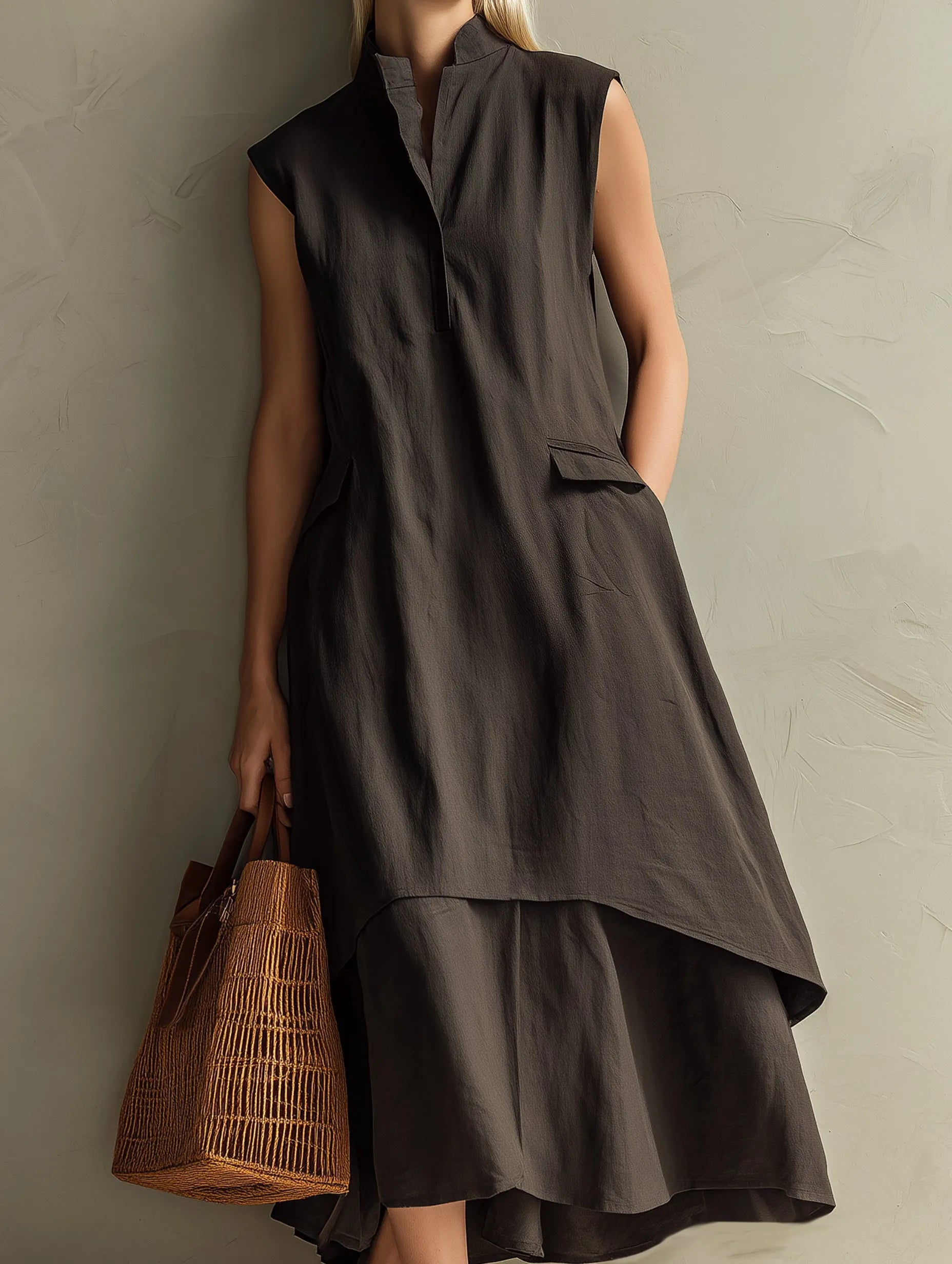 Dark Brown Linen Cotton Two-piece Midi Dress Set (stand Collar Sleeveless Tunic + Lined Skirt)