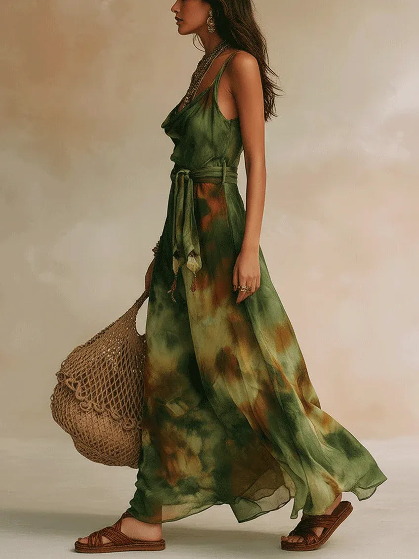 Green Abstract Print Halter Neckline Spaghetti Strap Tie-up Maxi Dress