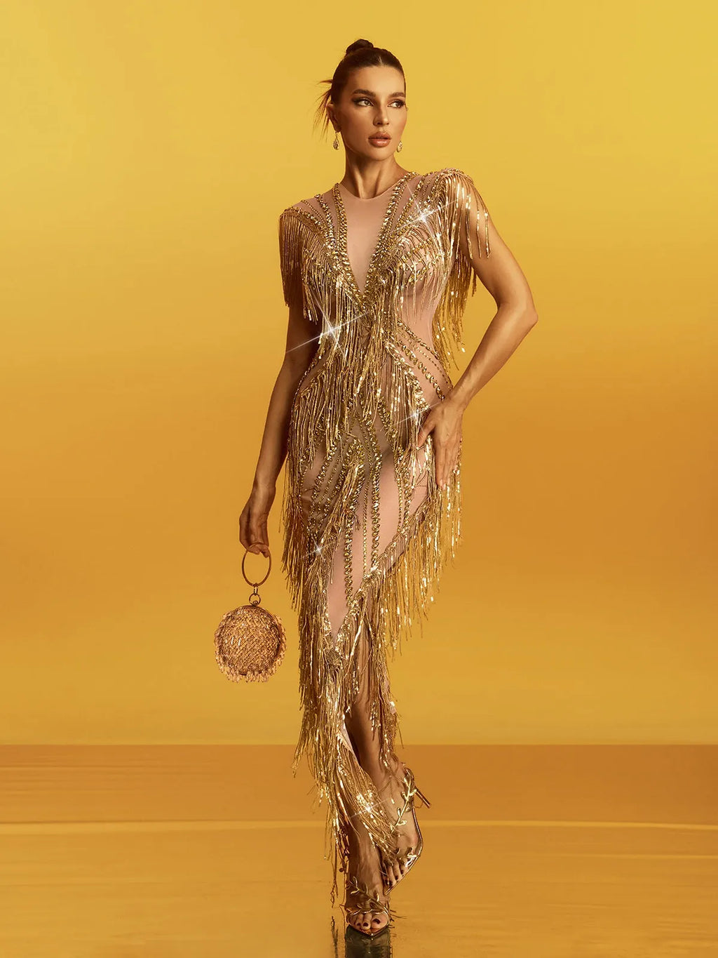Grabrola Fringe Sequin Crystal Maxi Dress In Gold