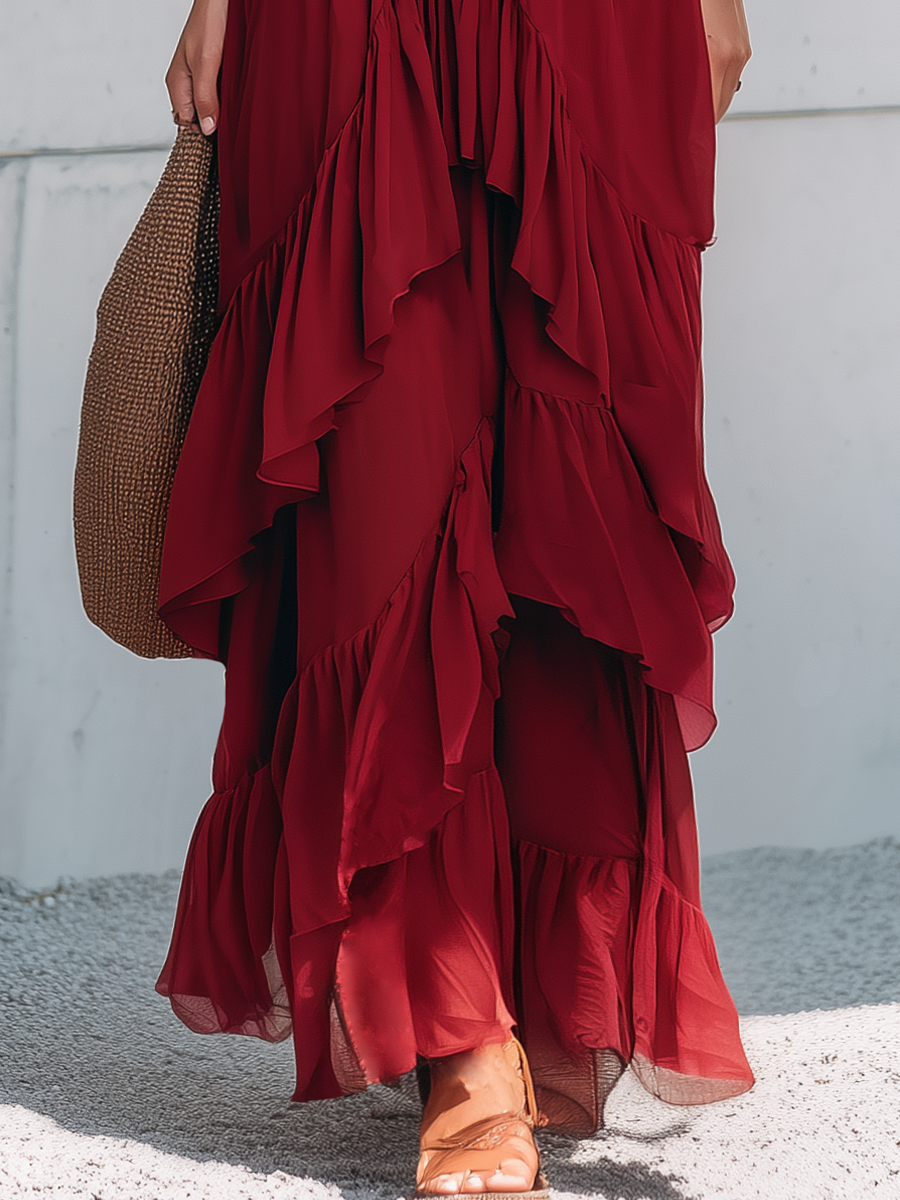 Elegant Burgundy Sequin Panel Ruffled Maxi Dress