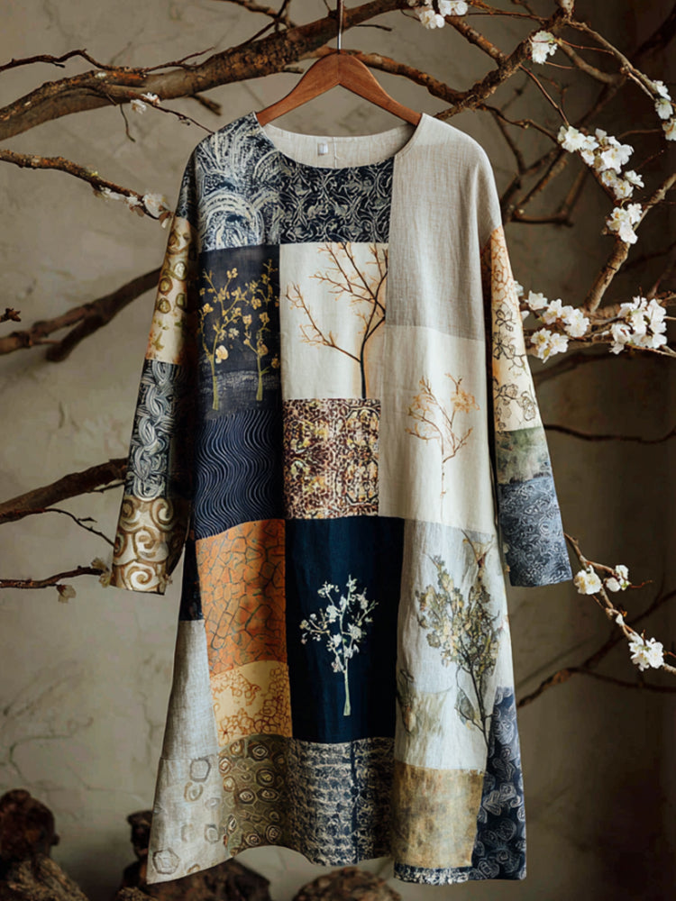 Vintage Japanese Floral Patchwork Linen Round Neck Dress