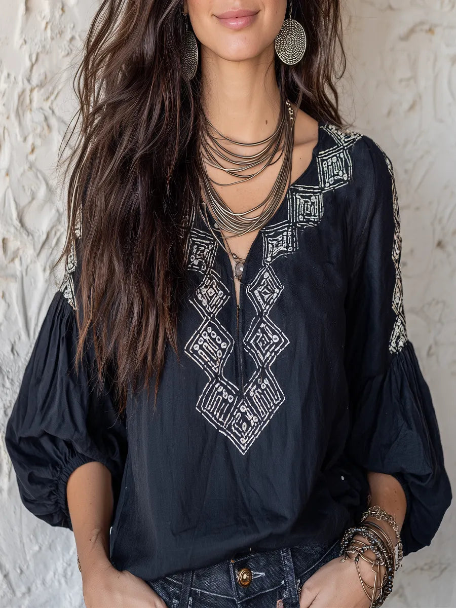 Bohemian Style Navy Blue Embroidered Shirt