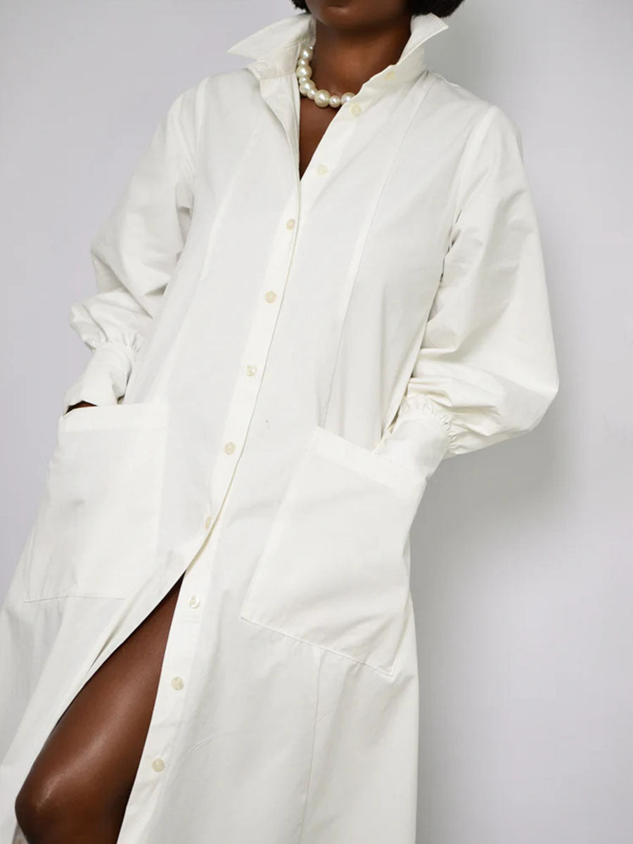 Split-side Split-front Solid Color Pockets Buttoned Loose Long Sleeves Lapel Shirt Dress Maxi Dresses