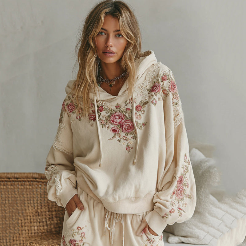 Women's Rose Embroidery Art Cozy Hooded Sweatshirt