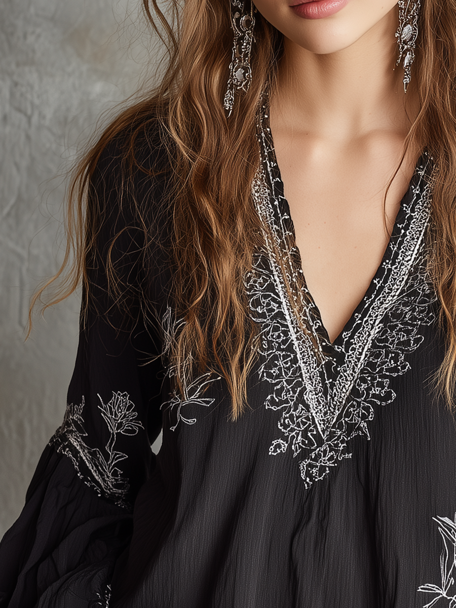Elegant Black Embroidered V-Neck Blouse