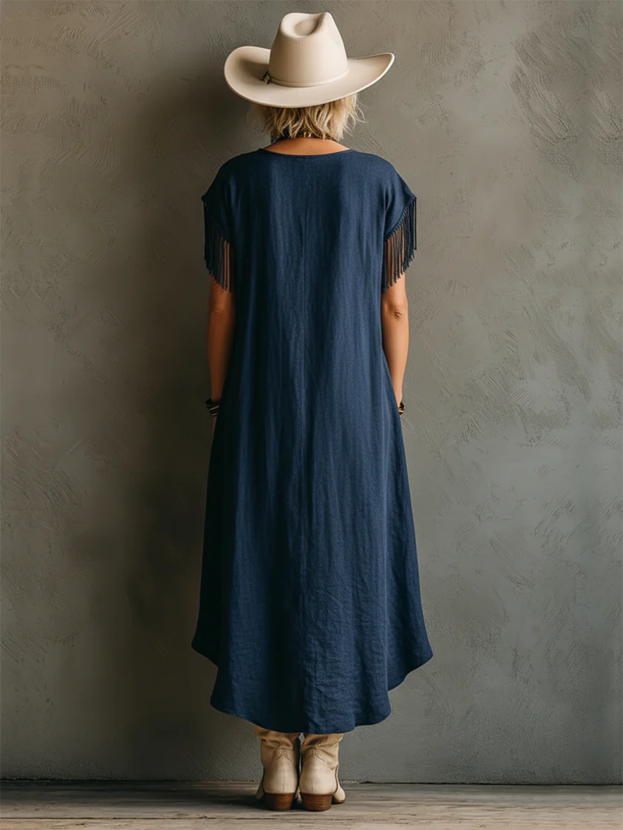 Boho Casual Cotton Dress With Fringed Sleeves