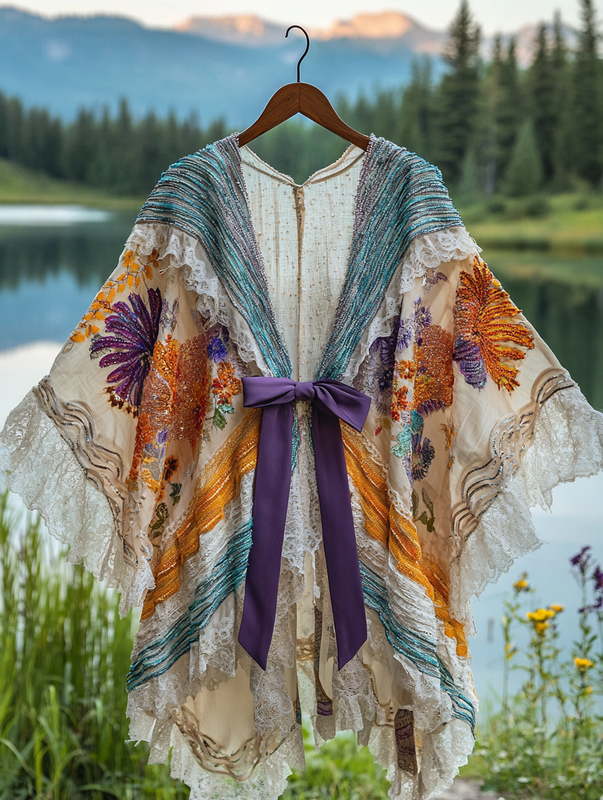 Summer Vacation Ruffle Lace Contrast Color Kimono 12d8