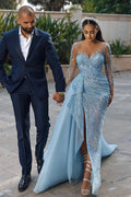 Daisda Stunning Sky Blue Long Sleeves Evening Dress Mermaid Split Long With Ruffles Beads