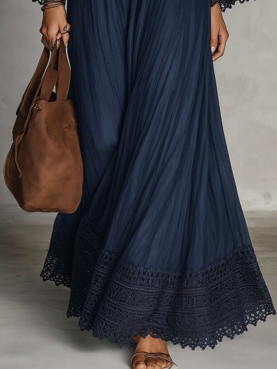 Bohemian Lace Trim Bell Sleeve Maxi Dress
