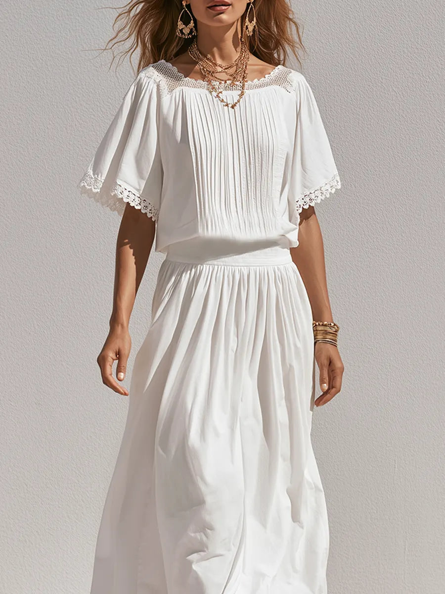 Romantic White Lace Trim  Blouse Midi Skirt Set