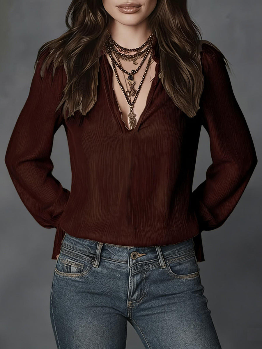 Elegant V-Neck Puff Sleeve Blouse - High-End Crinkled Texture Work Shirt for Professional Women