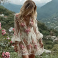 Women's Vintage Rose Embroidery Art V-neck Long Sleeve Mini Dress