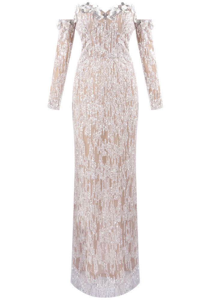 Long Sleeve Bardot Maxi Dress Nude