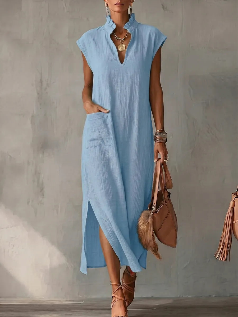 Pockets Ruffle Trim Solid Color Split-side Loose Sleeveless Stand Collar Midi Dresses