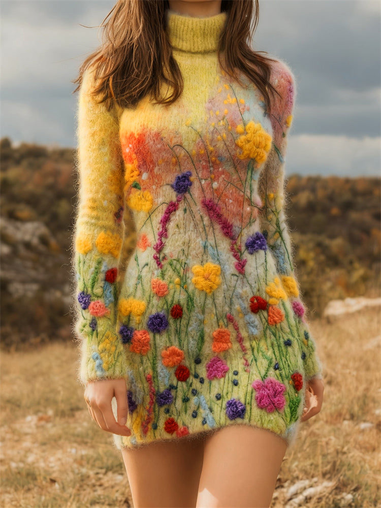 Wild Flowers Felt Embroidered Cozy Turtleneck Sweater Dress