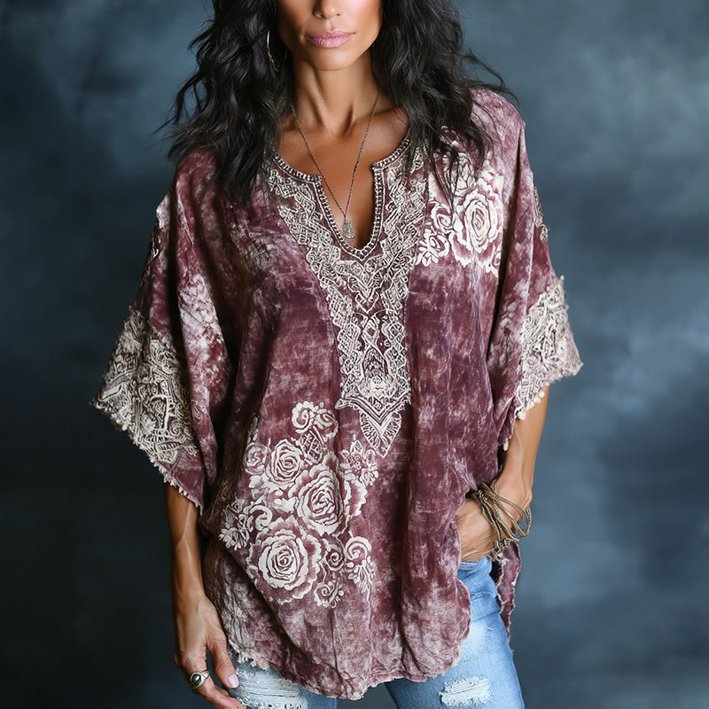 Women's Bohe Floral Tie Dye Art Print Flowy Linen Blend Casual Short Sleeve Tops