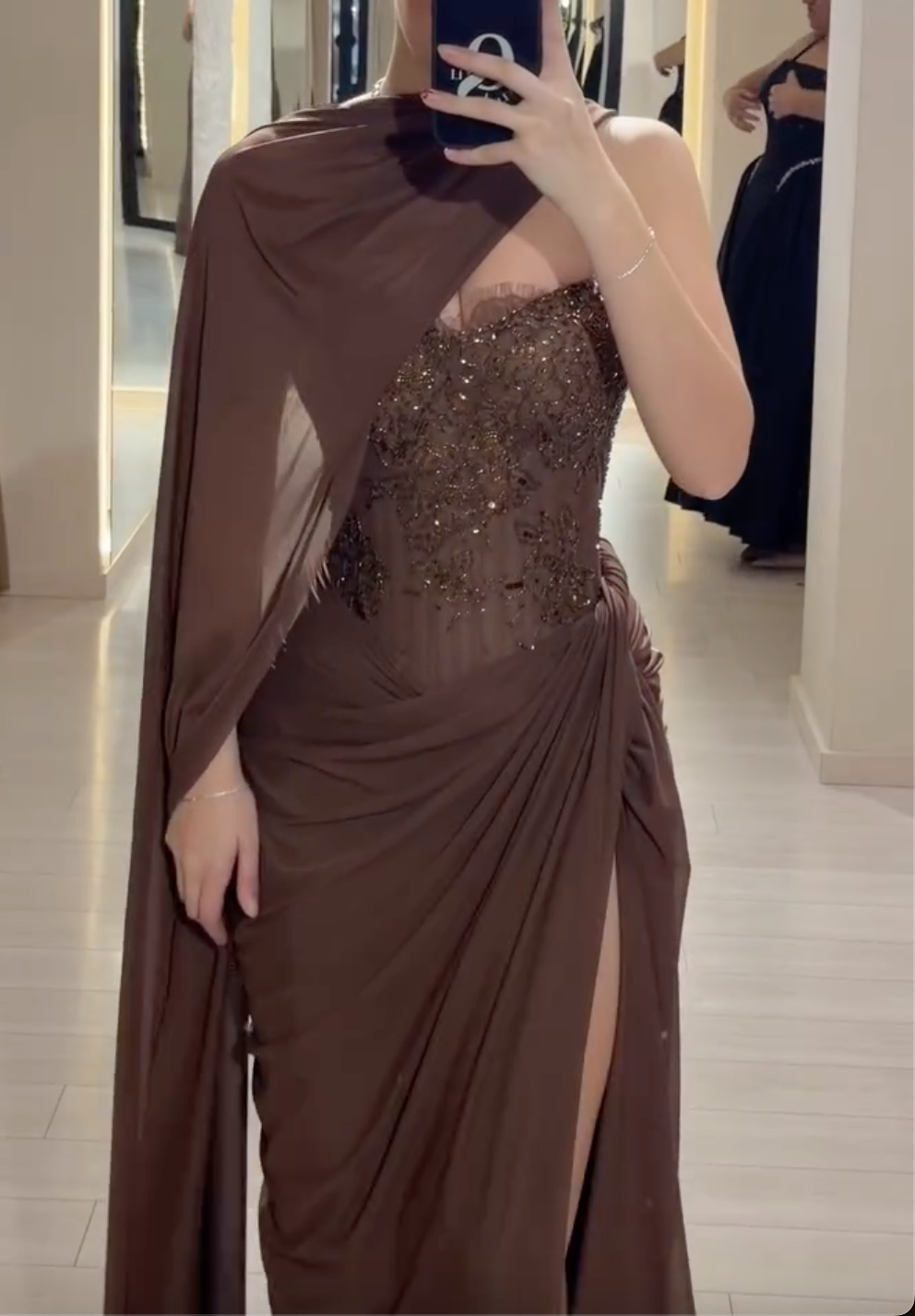 Chocolate Brown One-Shoulder Maxi Dress with Sheer Beaded Corset & High Slit