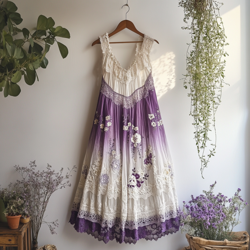 Boho Gradient Lavender Embroidered Pattern Lace Linen Dress