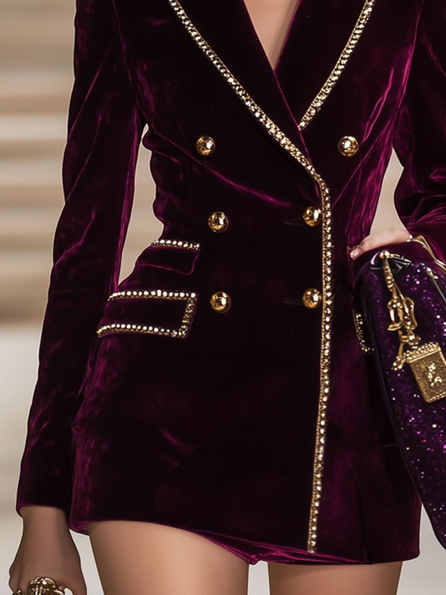 [24-hour shipping out]Casual Vintage Burgundy Velvet Gold Trim Double Breasted Suit Mini Dress