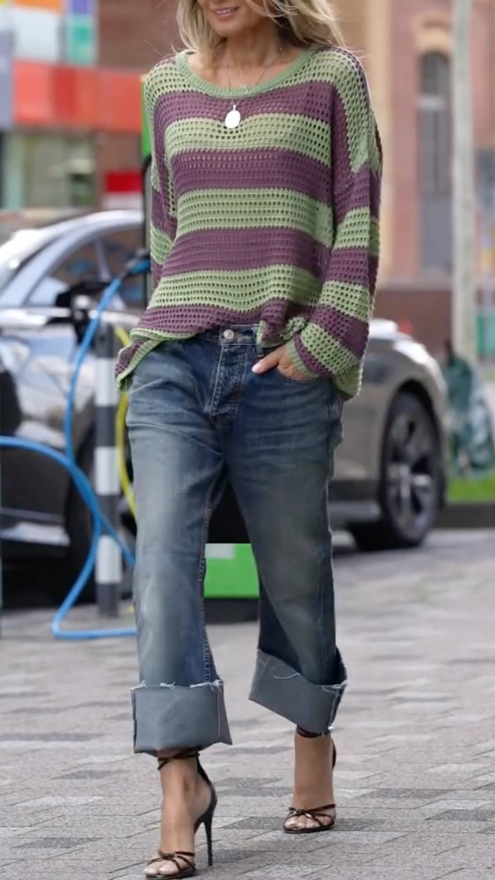 Women's Striped Open-Knit Loose Sweater & Jeans Set