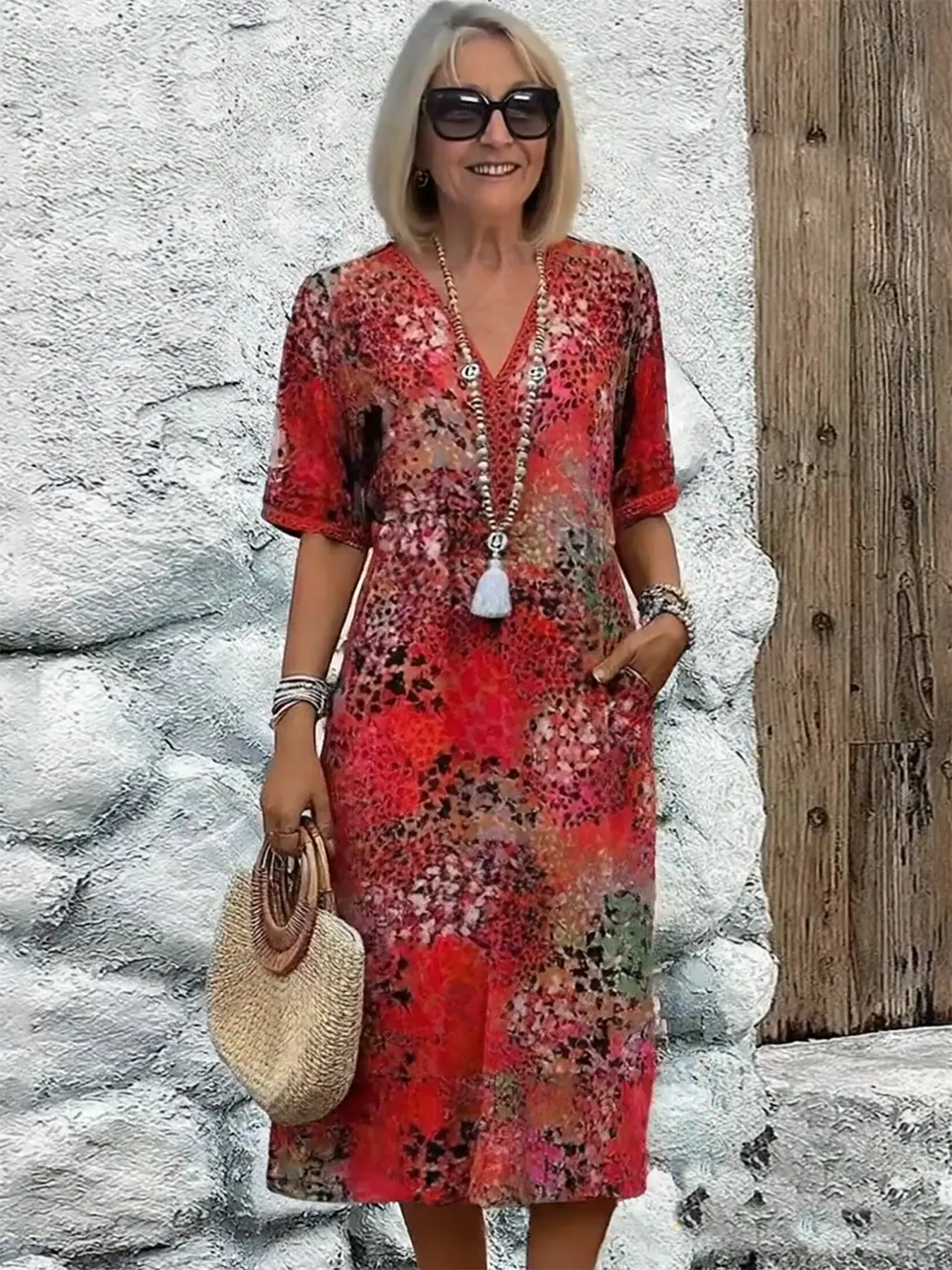 Vacation DRESS Women's Short Sleeve Summer Leopard Lace Dress V Neck Daily Going Out Casual Knee Length A-Line Khaki