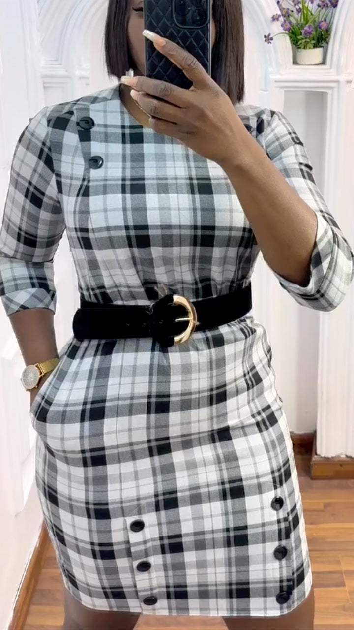 Black & White Plaid Waist-Button Dress