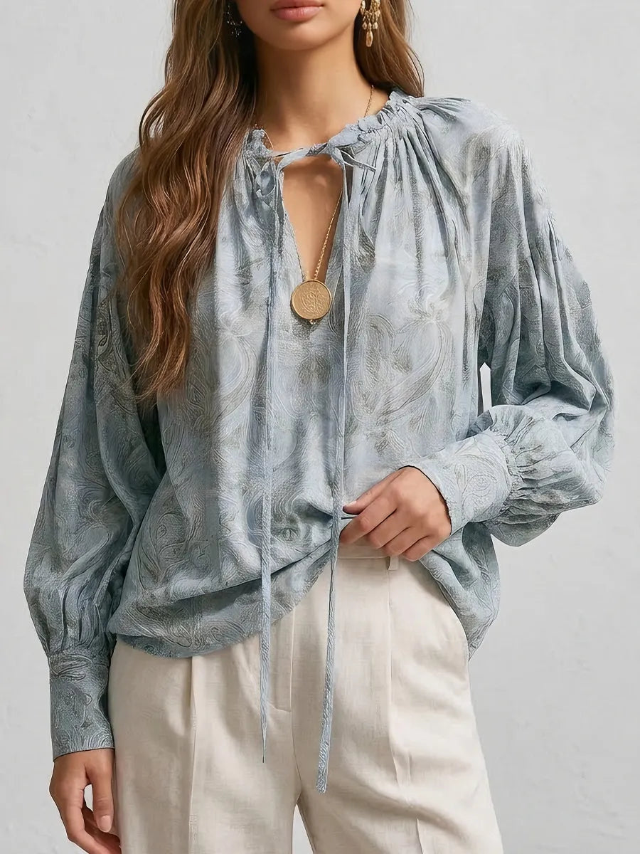 Boho Lace-Up V-Neck Balloon Sleeve Flowy Top
