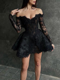 Sexy Off-the-shoulder Long Sleeves Black Mesh Mini Party Dress