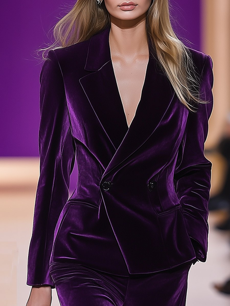 [24-hour shipping out]High-End Temperament Loose Retro Purple Velvet Suit