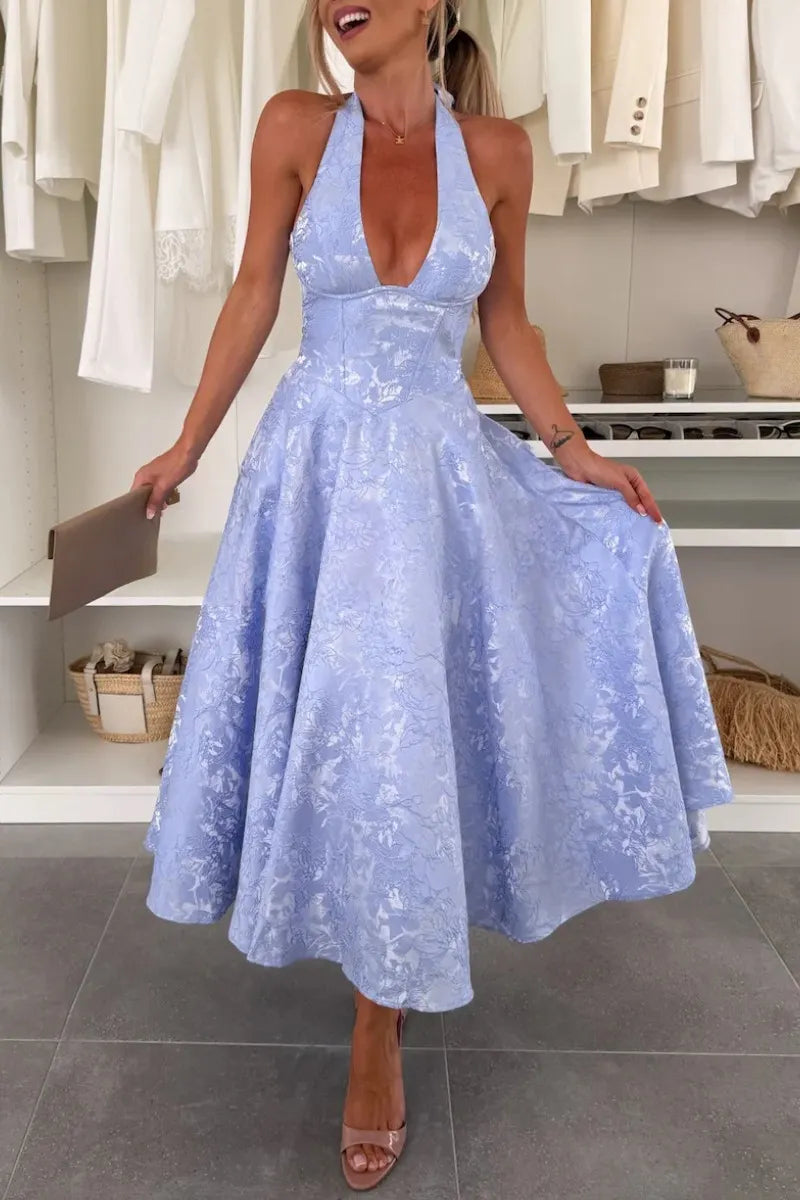 Halter Neck Jacquard Corset Flared Maxi Dress