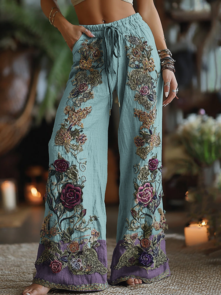 Classy Purple Lavender And Floral Embroidered Art Linen Pants