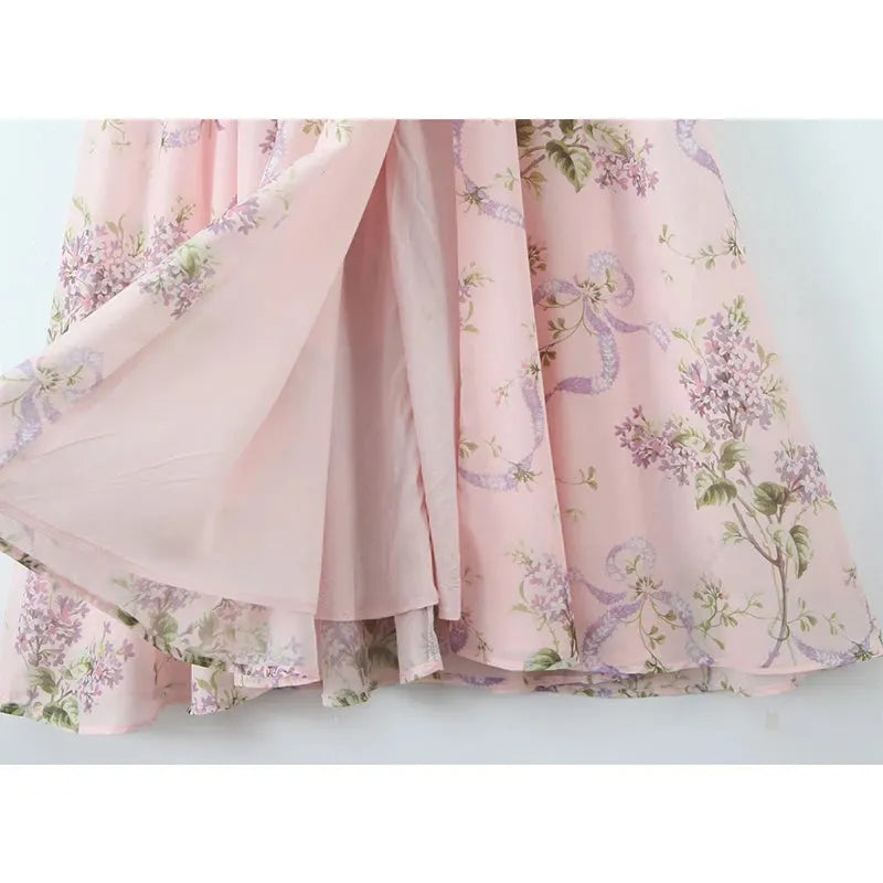 Liliora Halter Corset Midi Dress in Pink Lilac Ribbon Print – Summer Floral Occasion Dress with Side Split and Bow Back