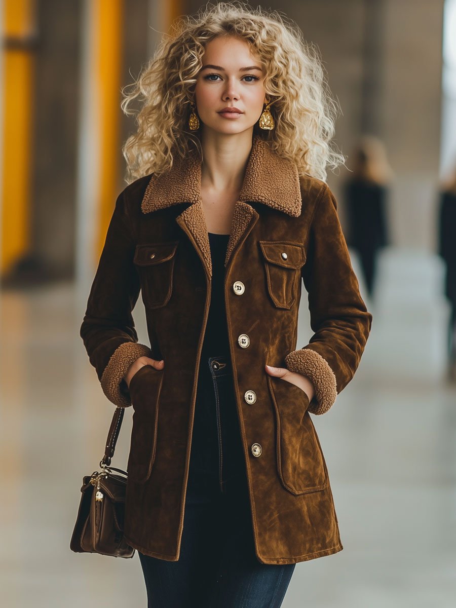 [24-hour shipping out]Casual Loose Retro Suede Lamb Wool Patchwork Multi-Pocket Coat