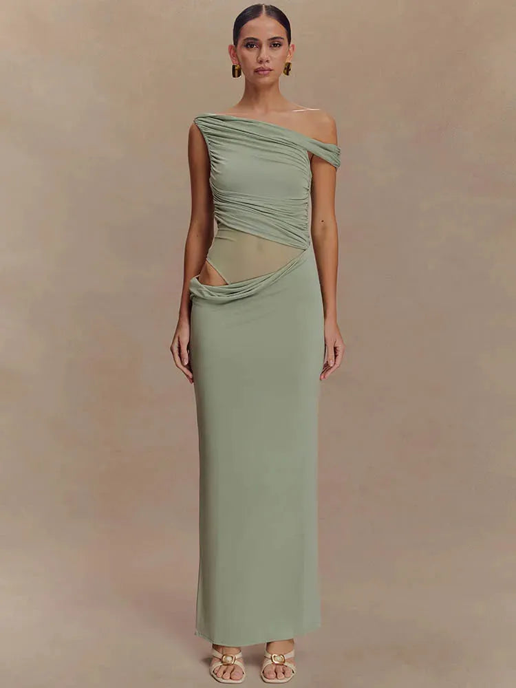 Marcelle One Shoulder Ruched Mesh Cut Out Maxi Dress – Black or Sage Green Summer Bodycon Gown