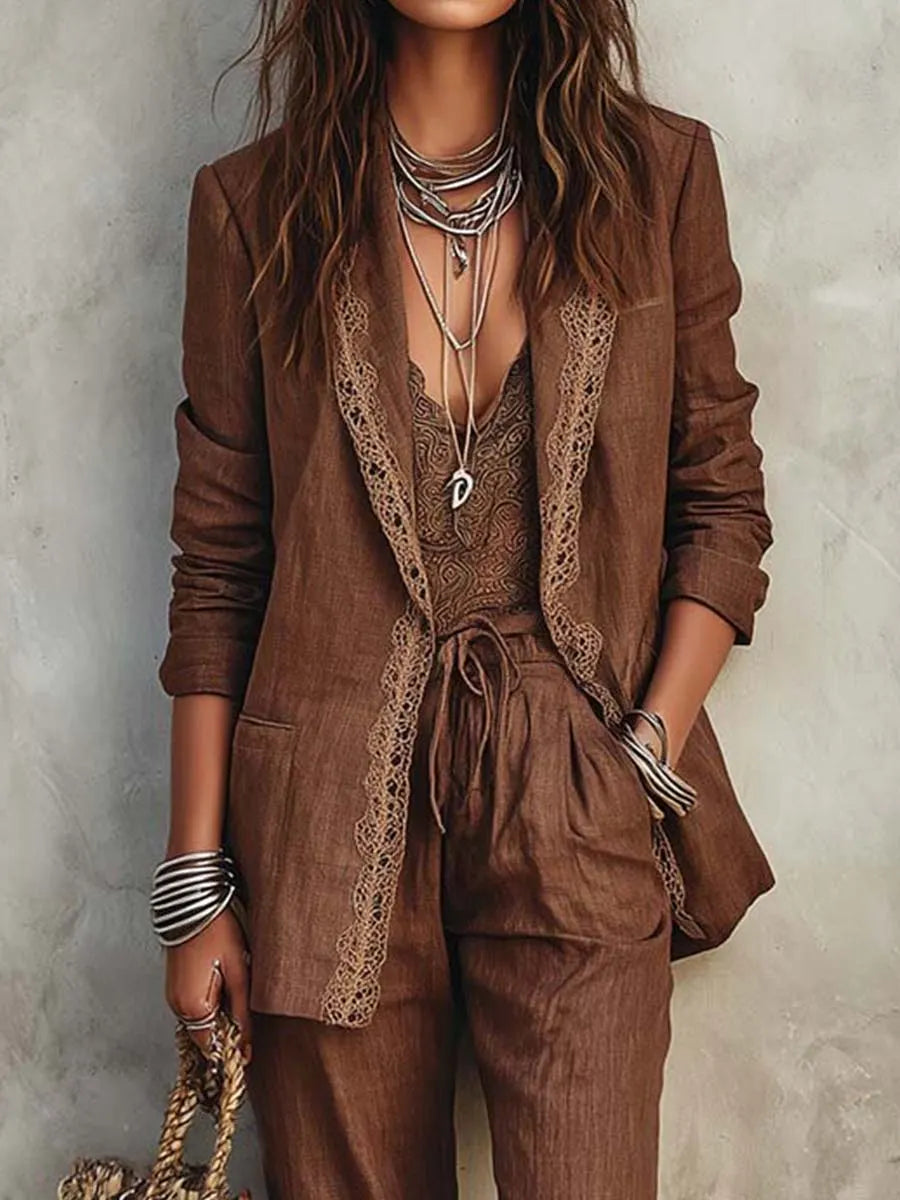 Vintage Lace Trim Cotton-linen Suit Set