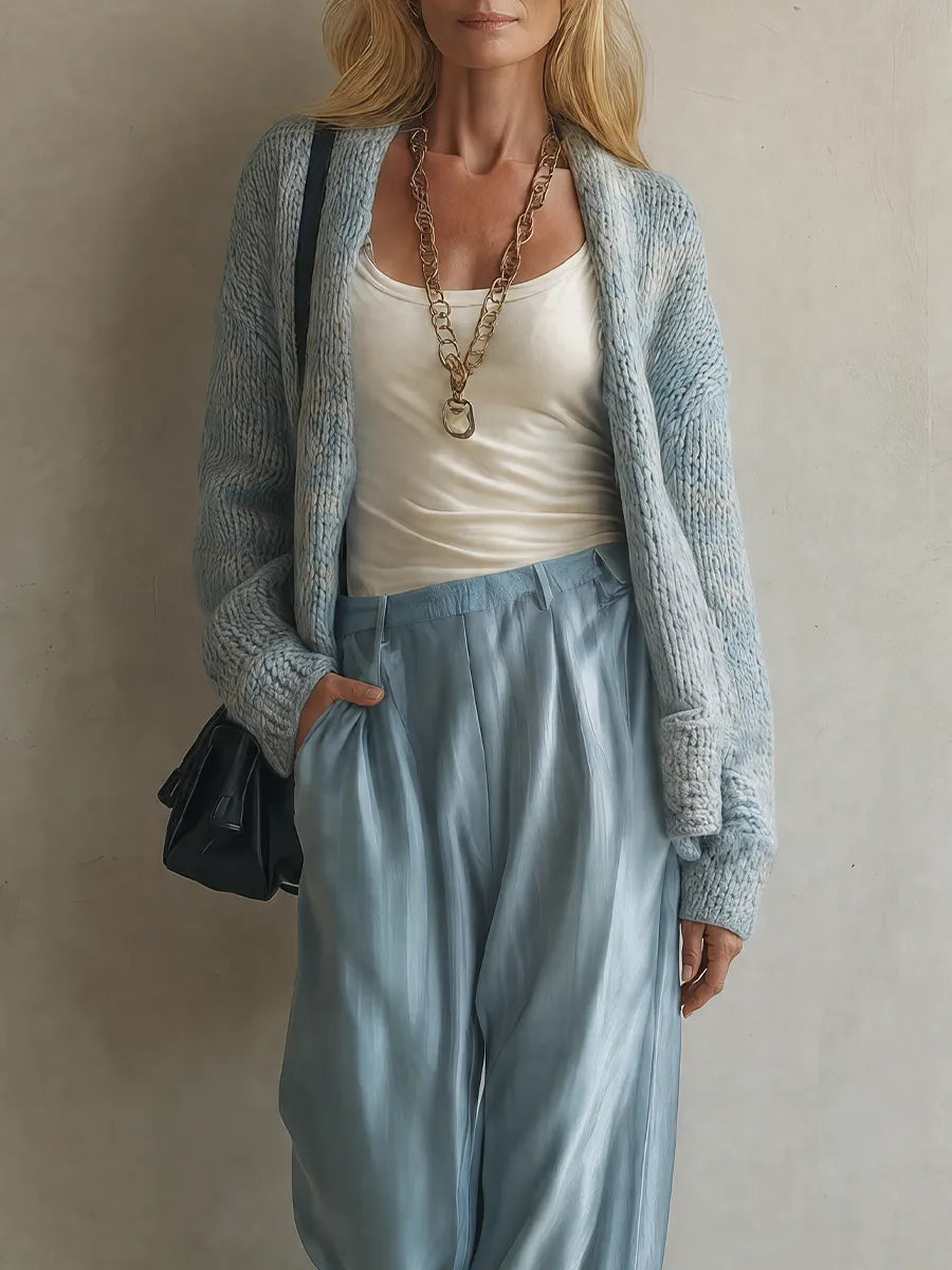Relaxed Minimal Blue Cardigan & Satin Palazzo Pants Outfit