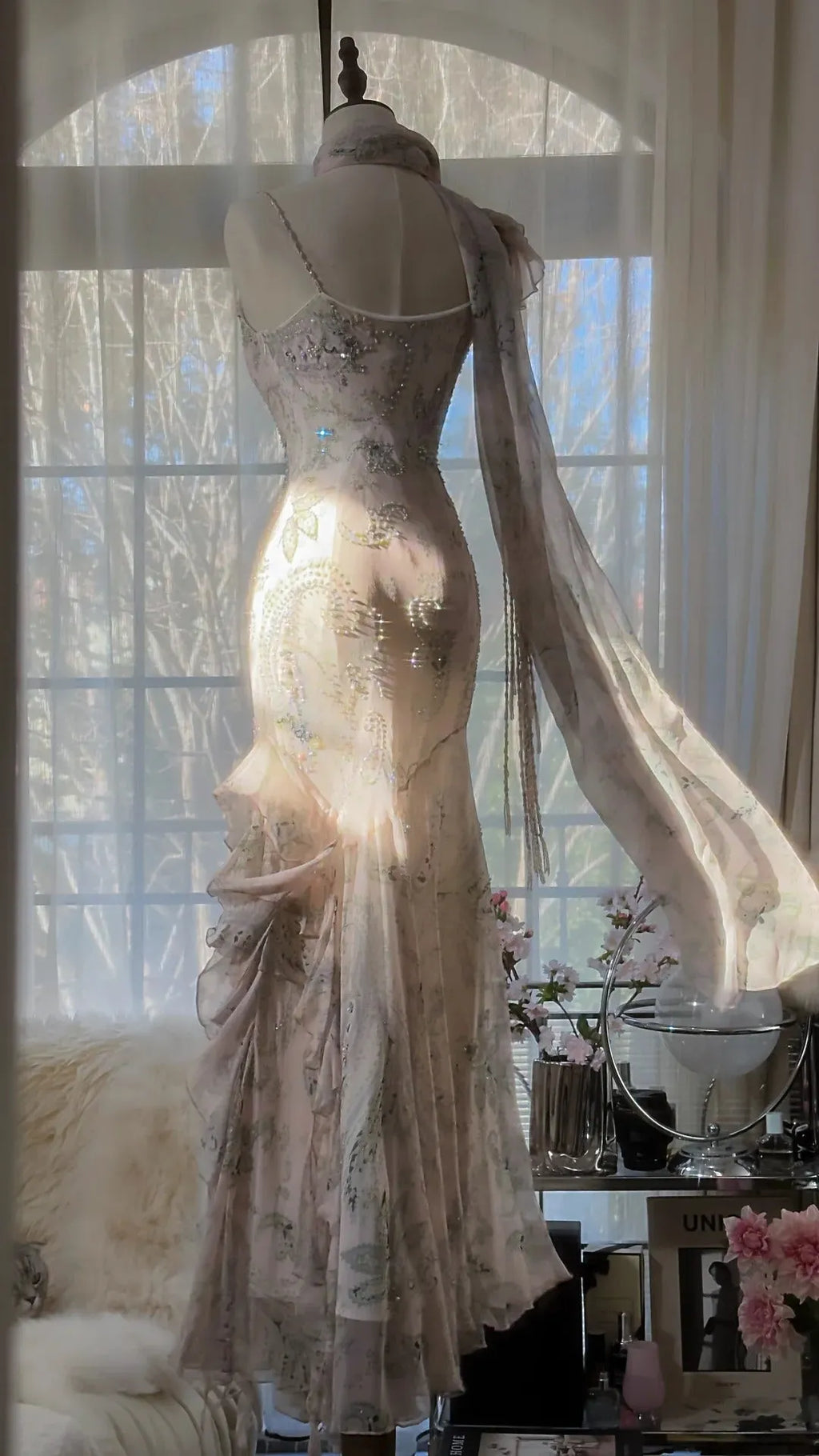 Pink Romantic Fashion Elegant Exquisite Beaded Spaetti Straps Long Tulle Chiffon Ruffle Ball Gown Evening Dress Party Dress 4057