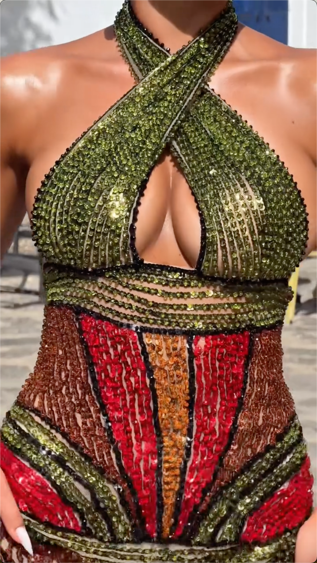 Olive Green & Red Sequin Halter Mini Dress