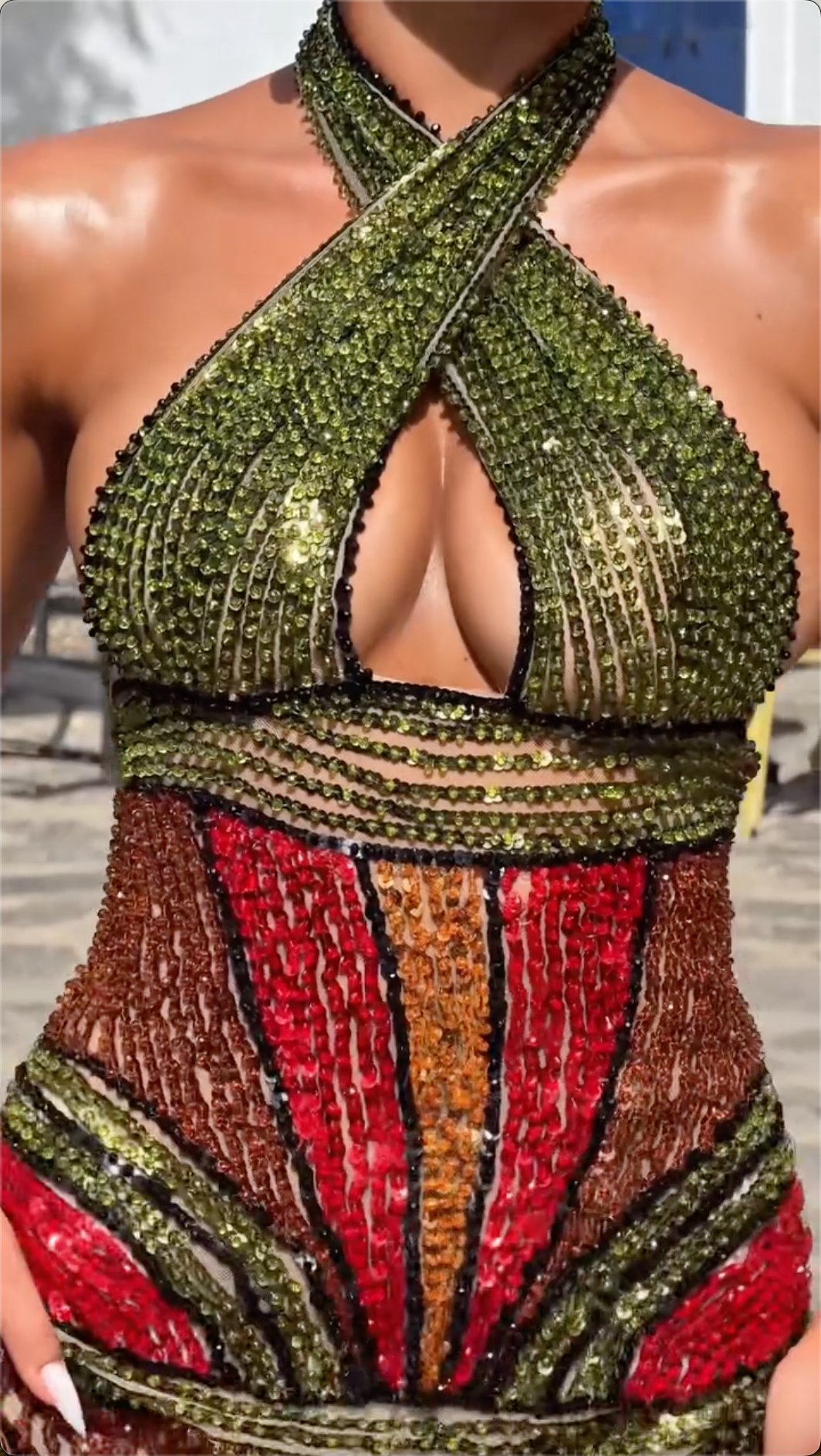Olive Green & Red Sequin Halter Mini Dress