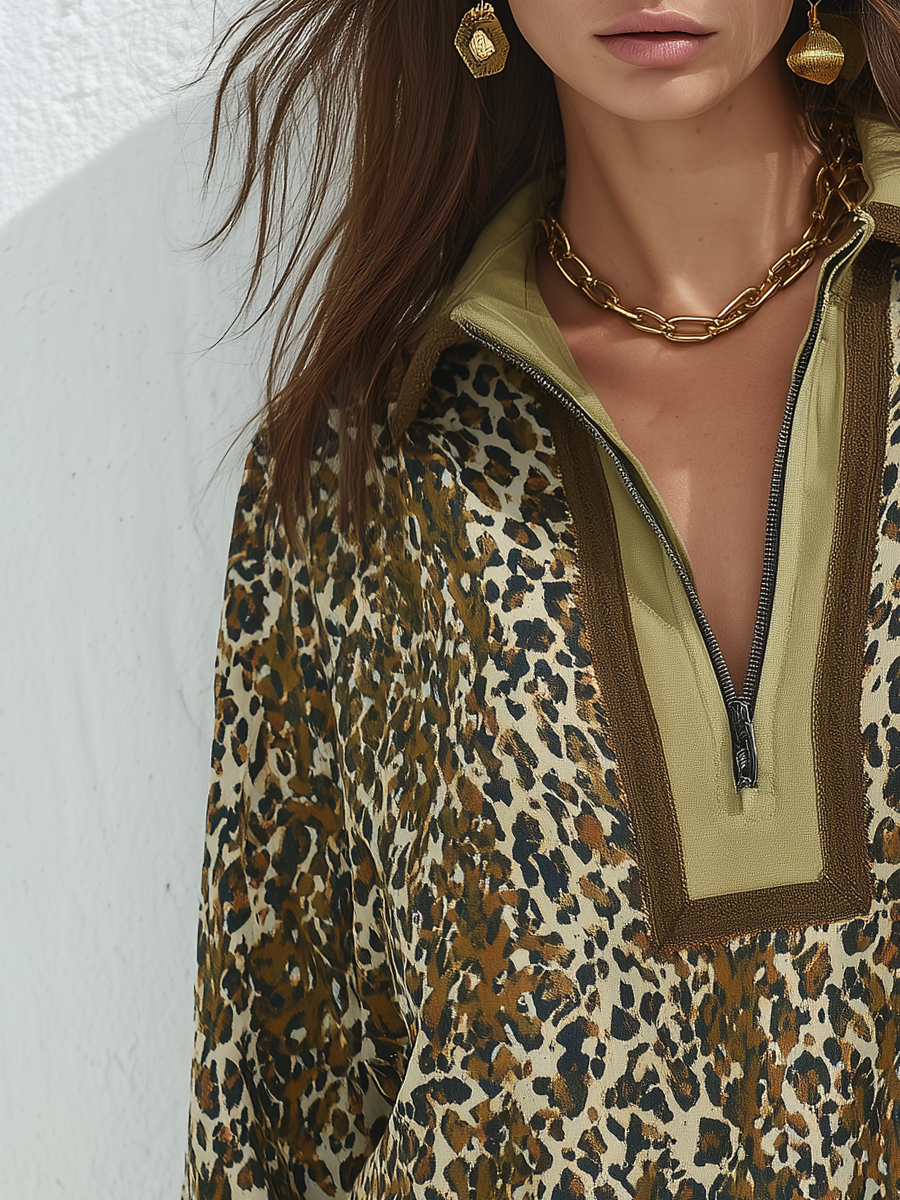 Relaxed Olive Leopard Quarter-Zip Pullover