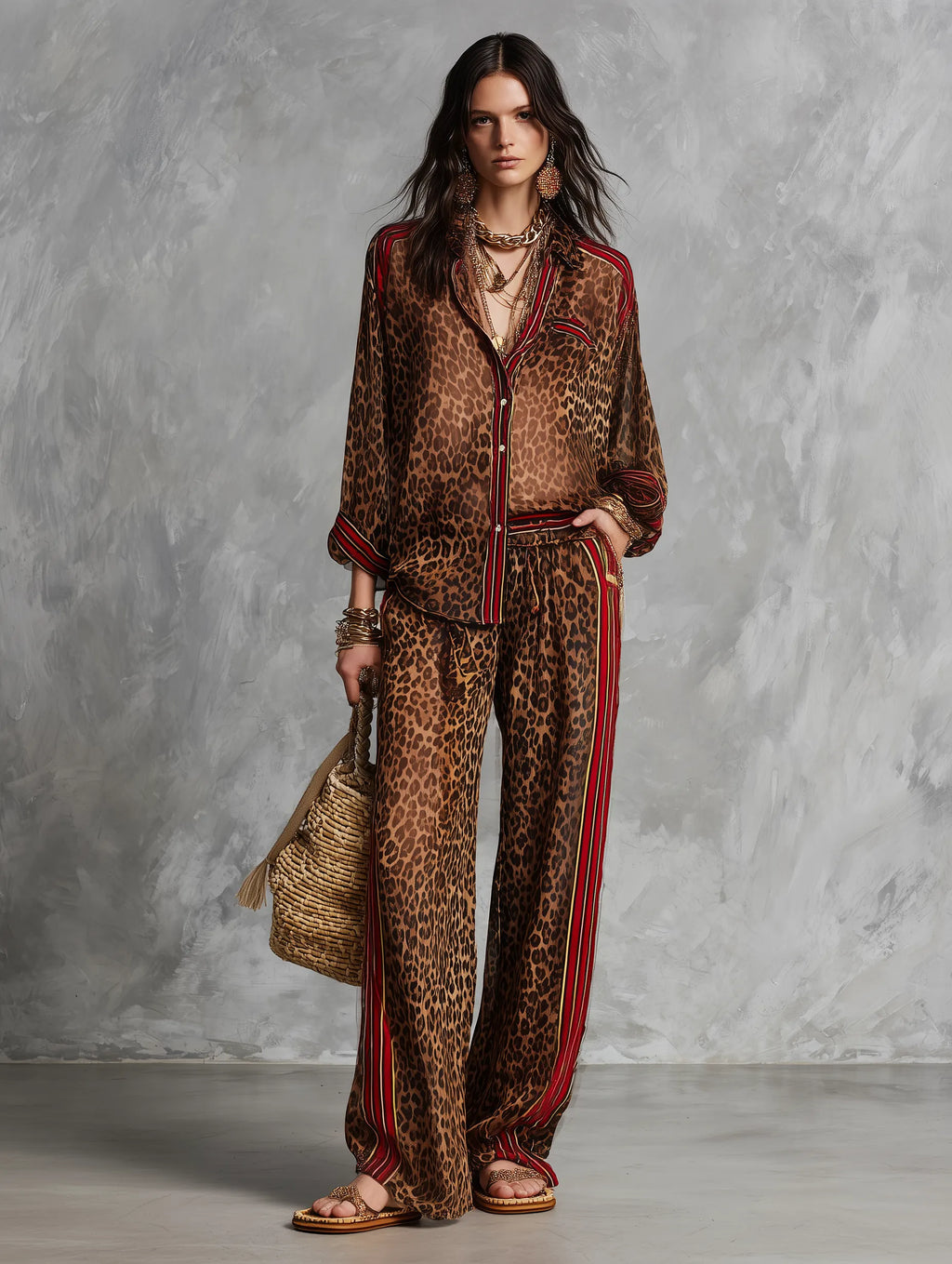 Glam Vacation Sheer Leopard Red-Trim Collared Brown Shirt & Trouser Set