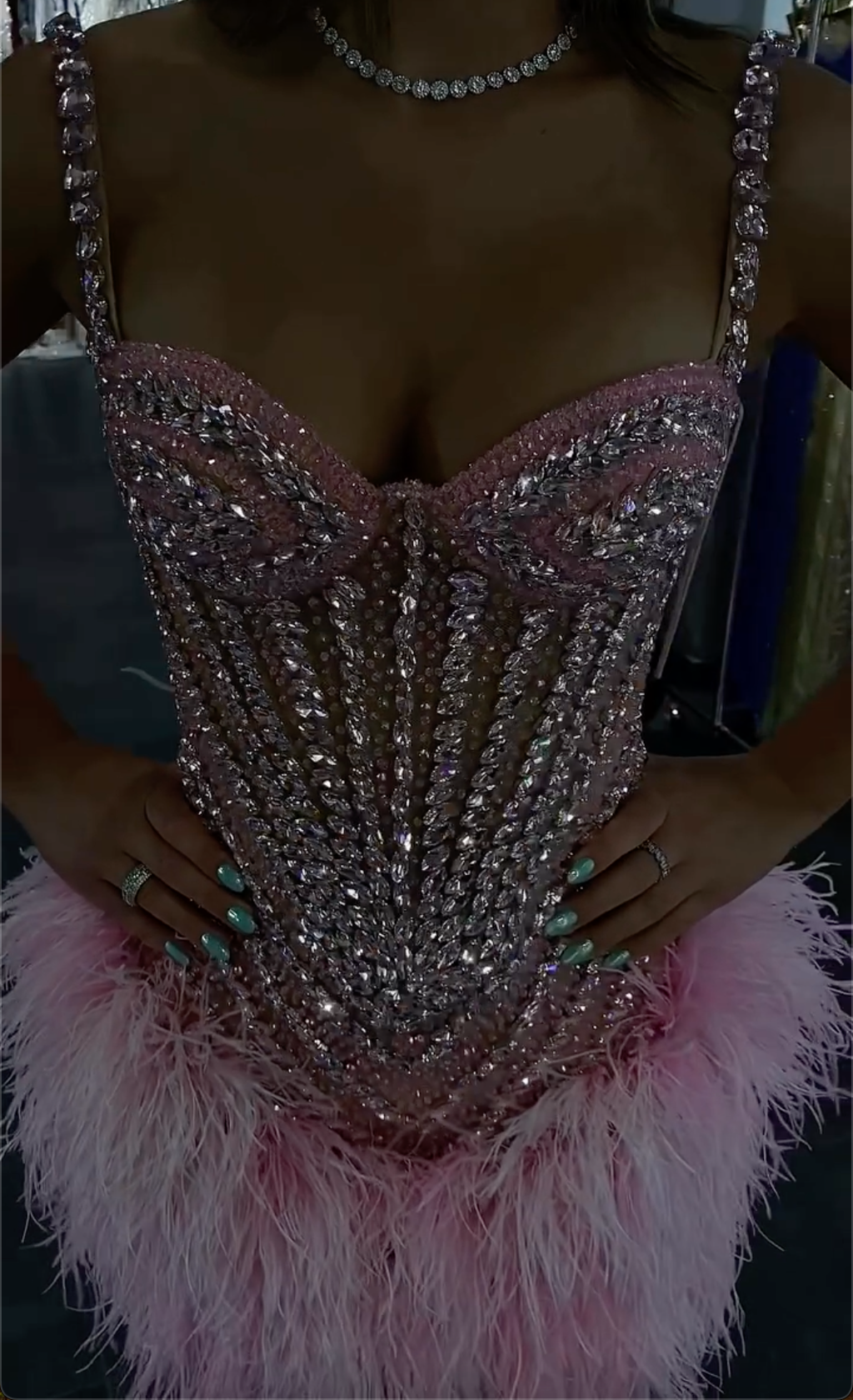 Bubblegum Pink Crystal Embellished Cami Mini Dress with Feather Skirt